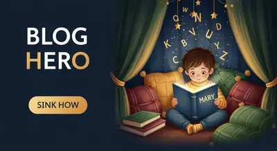 Child reading a personalized storybook with their name on the cover in a cozy reading nook