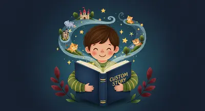 Happy child embracing a personalized storybook with imaginative elements floating around
