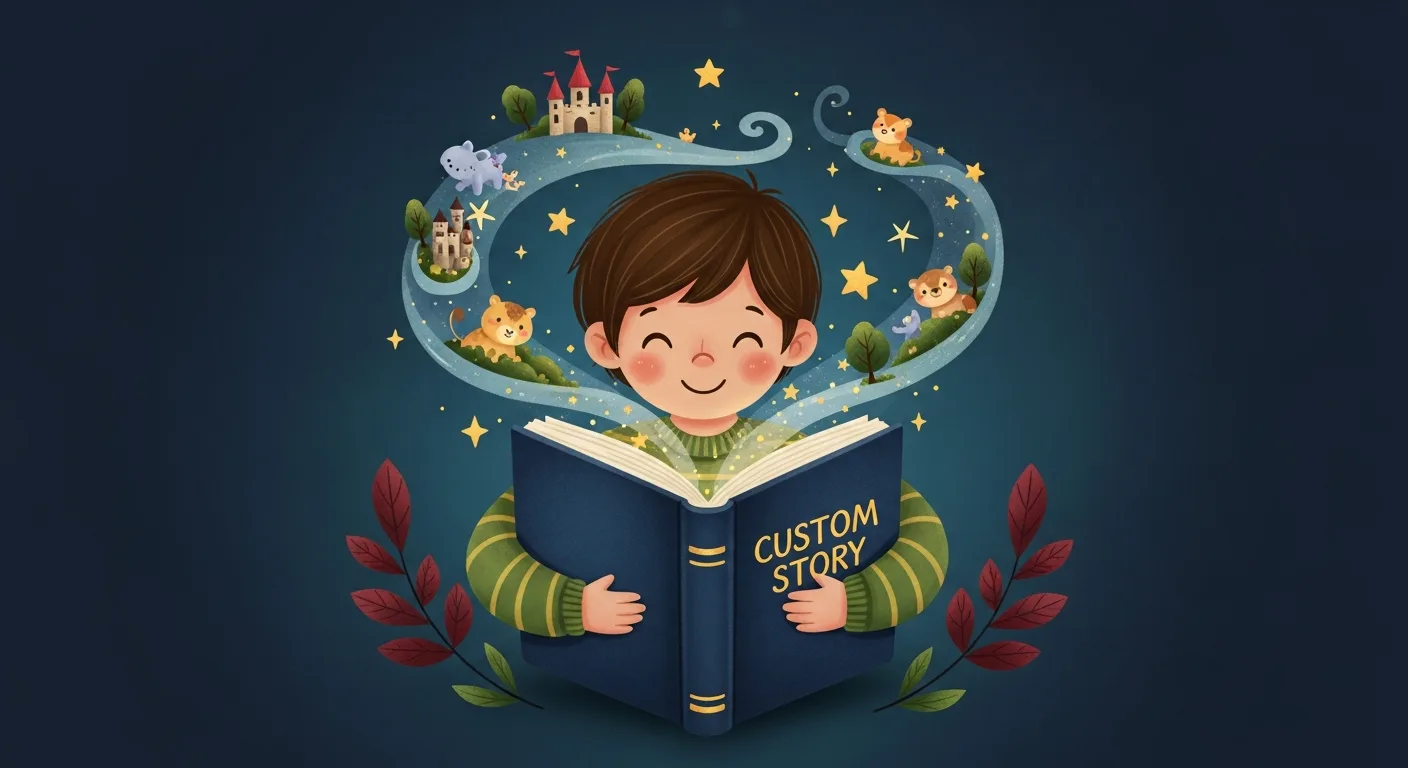 Happy child embracing a personalized storybook with imaginative elements floating around