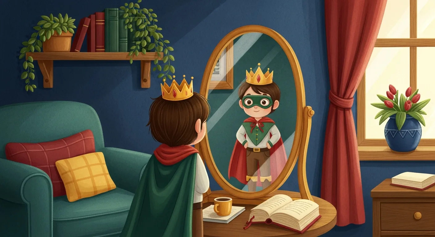 Child seeing themselves as a storybook hero in a magical mirror
