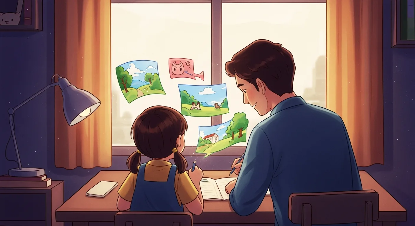 Parent and child creating a personalized story together with illustrations appearing magically