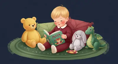 Toddler reading a personalized board book surrounded by stuffed animals