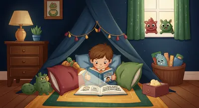 Preschooler reading a personalized book in a pillow fort by flashlight