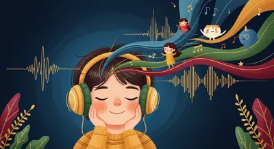 Child listening to a personalized audio story with headphones, surrounded by colorful sound waves