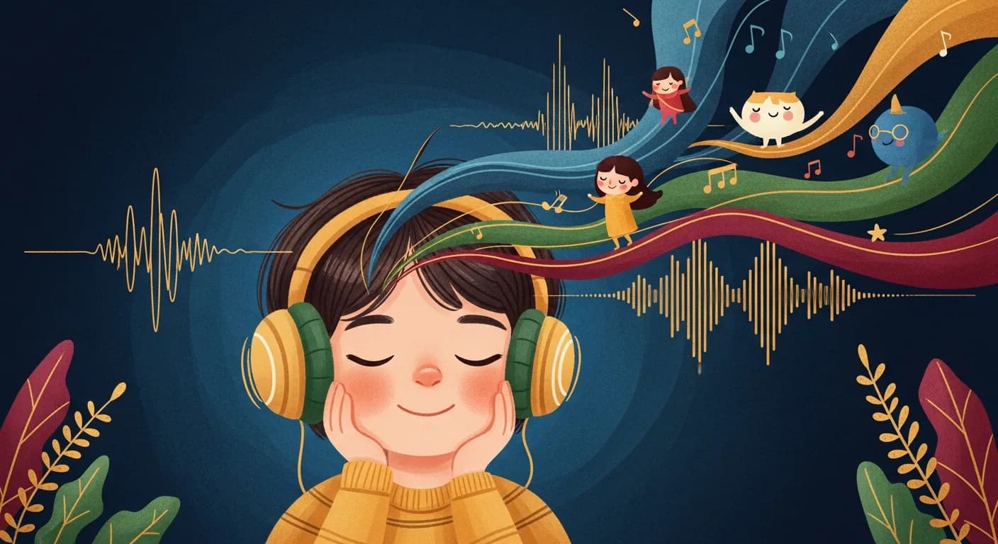Child listening to a personalized audio story with headphones, surrounded by colorful sound waves