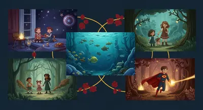 Collage of popular personalized story themes including space, ocean, forest, and superhero adventures