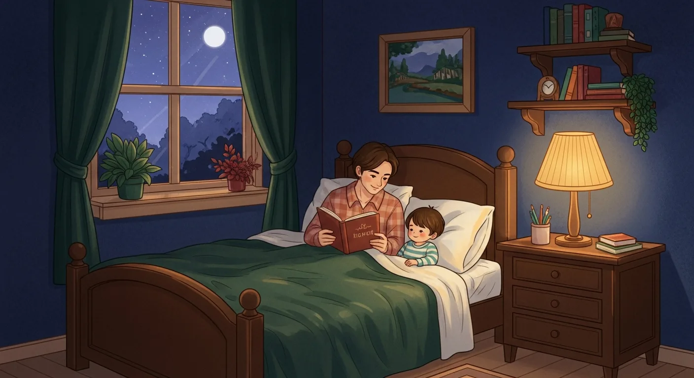 Parent reading a bedtime story to a child in a cozy moonlit bedroom