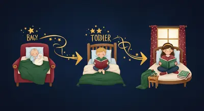 Children of different ages enjoying bedtime stories in age-appropriate settings