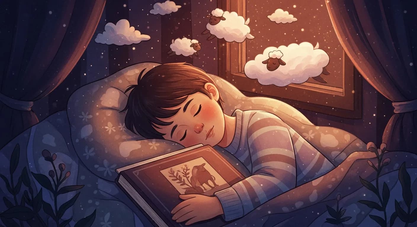 Child peacefully falling asleep with a storybook as dreamy clouds float above