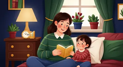 Busy parent sharing a quick bedtime story with their child