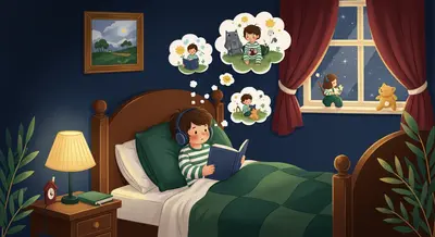 Child in bed enjoying a personalized bedtime story with dream bubbles of their adventures