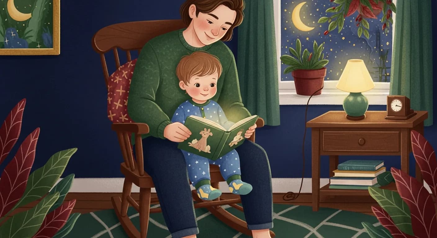 Toddler and parent reading a bedtime story together in a rocking chair