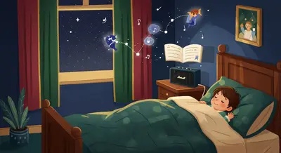 Child in bed listening to an audio bedtime story with gentle imagery floating in the room