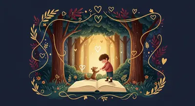 Storybook illustration of a child helping a forest animal, symbolizing kindness