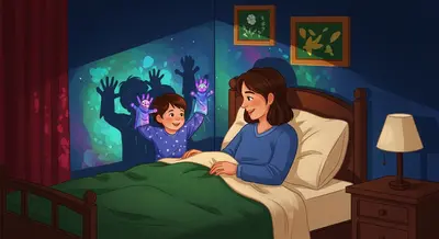 Parent and child making interactive shadow puppets during bedtime story