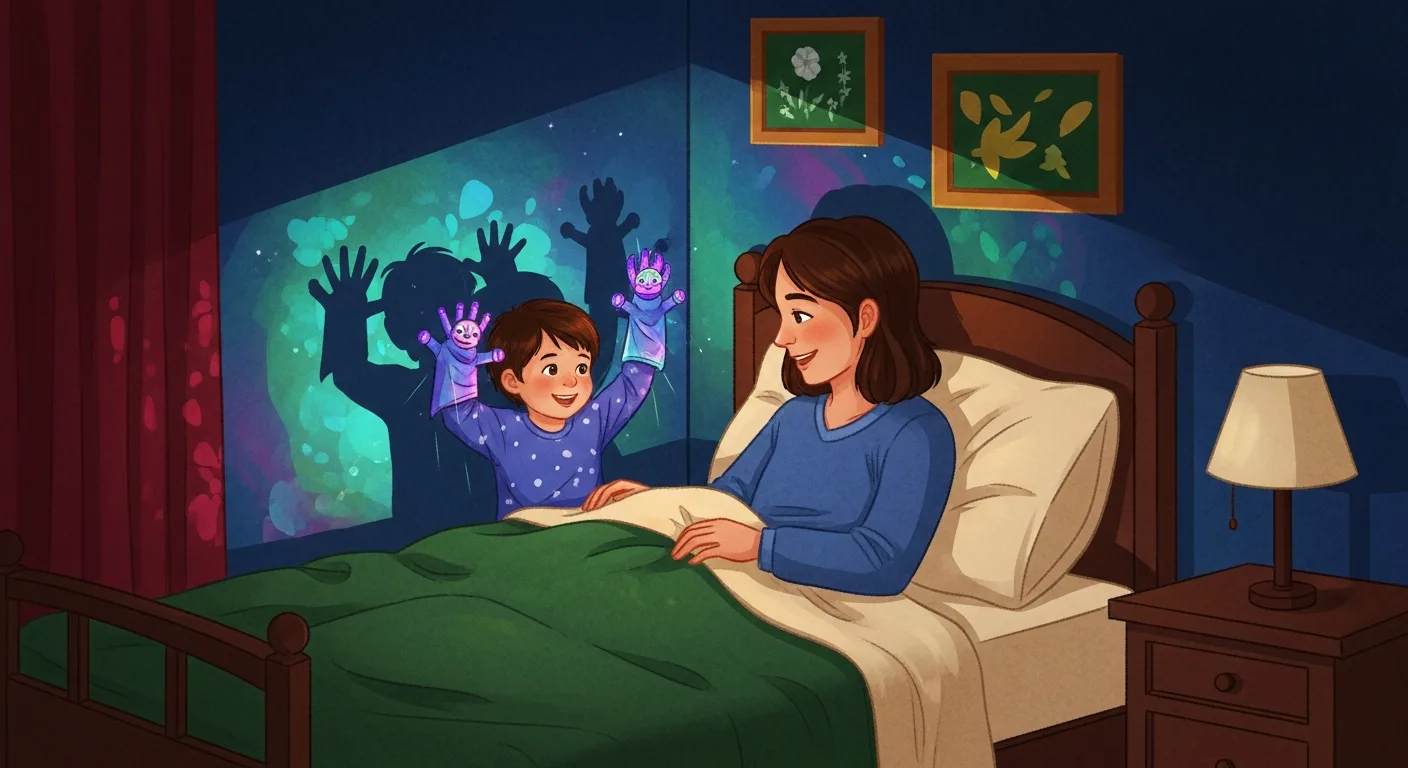 Parent and child making interactive shadow puppets during bedtime story