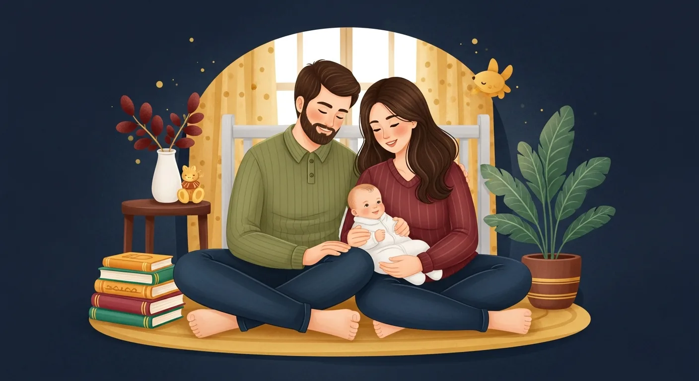 New parents with their baby surrounded by children's books in a nursery