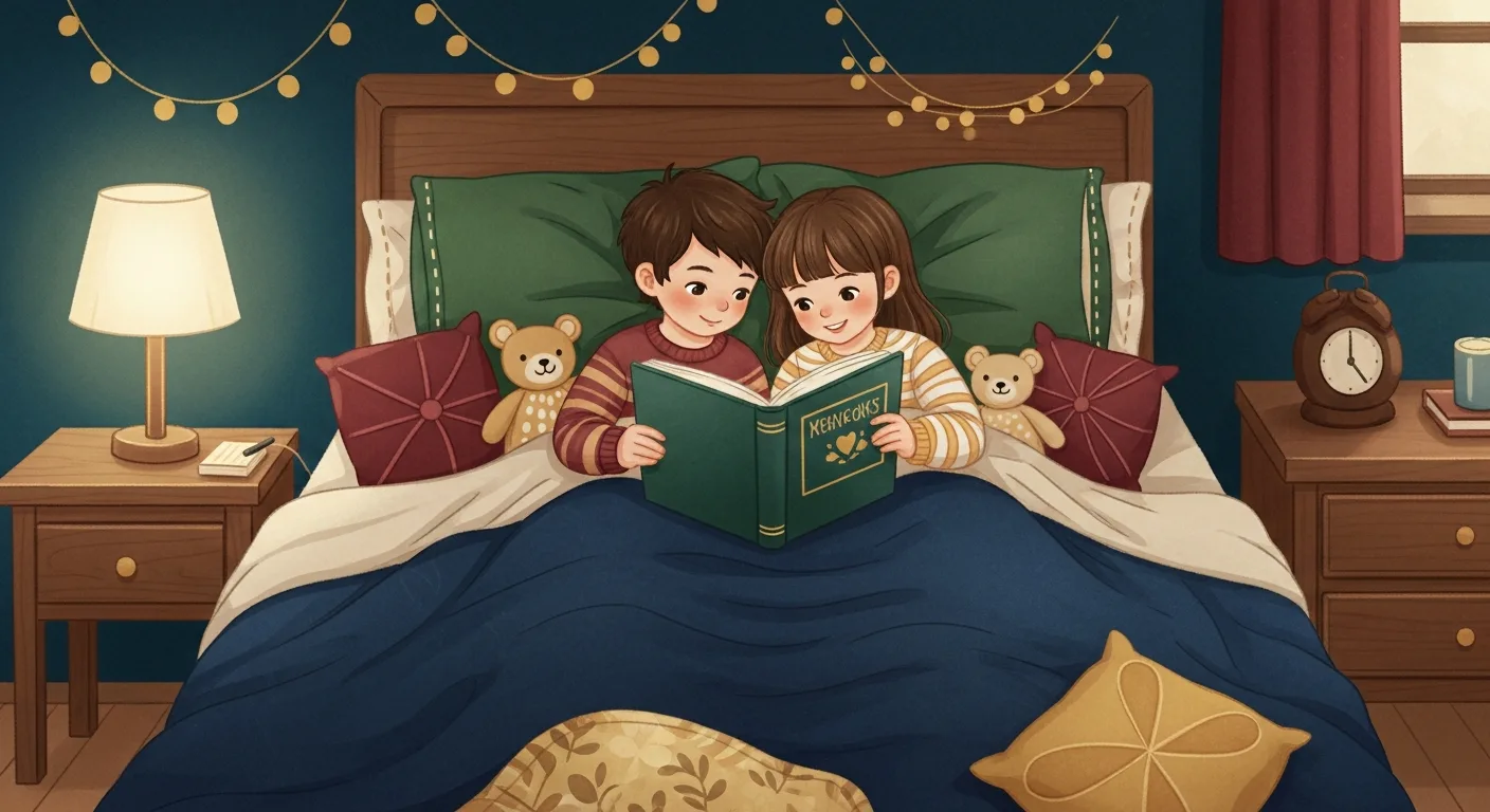 Siblings sharing a bedtime storybook together in bed
