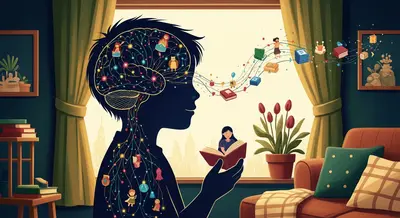 Child silhouette with glowing neural connections and story elements, showing brain development through storytelling