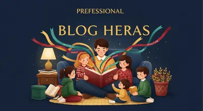 Parent reading aloud to children of various ages with colorful word ribbons connecting them