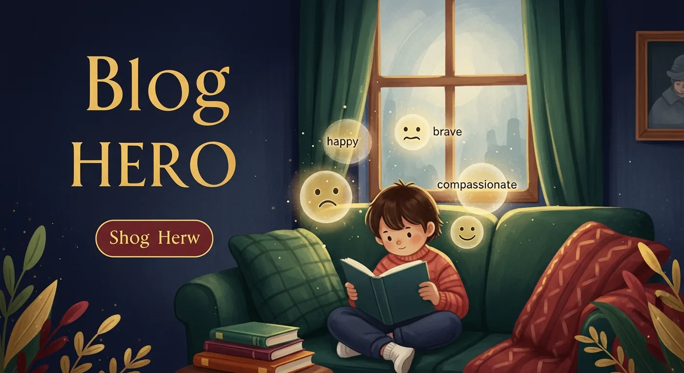 Child surrounded by glowing emotion faces while reading, representing emotional intelligence through stories