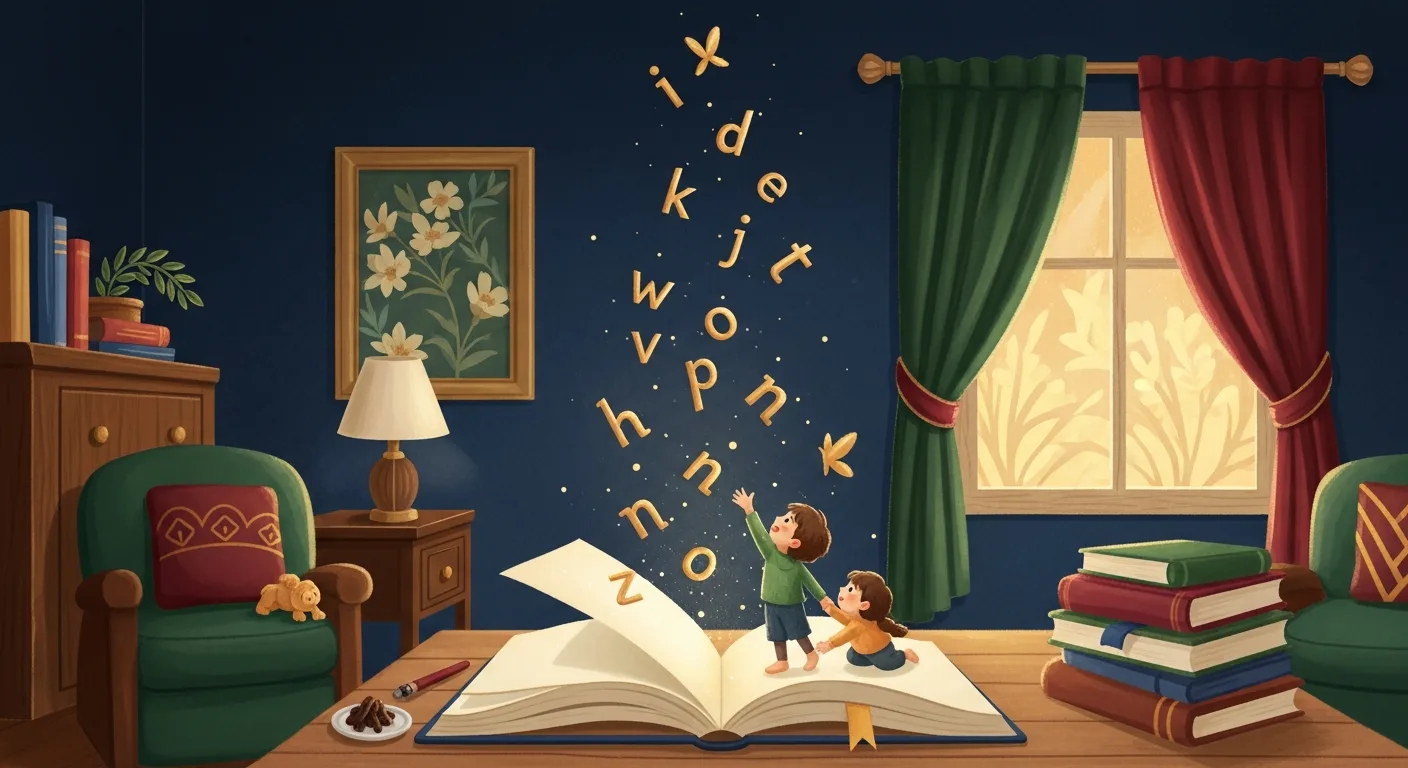 Words and letters floating like butterflies from an open storybook as a child reaches for them