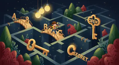 Child navigating a creative storybook maze using words and letters as tools