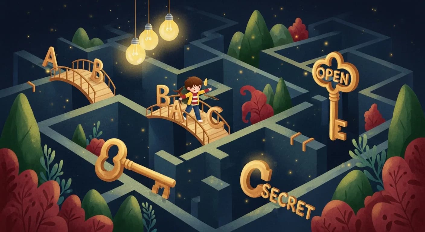 Child navigating a creative storybook maze using words and letters as tools