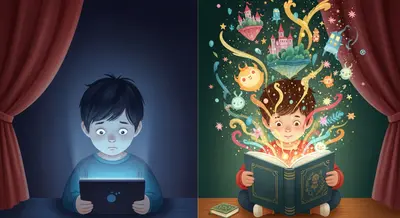 Contrast between screen time's dull glow and story time's vibrant imagination