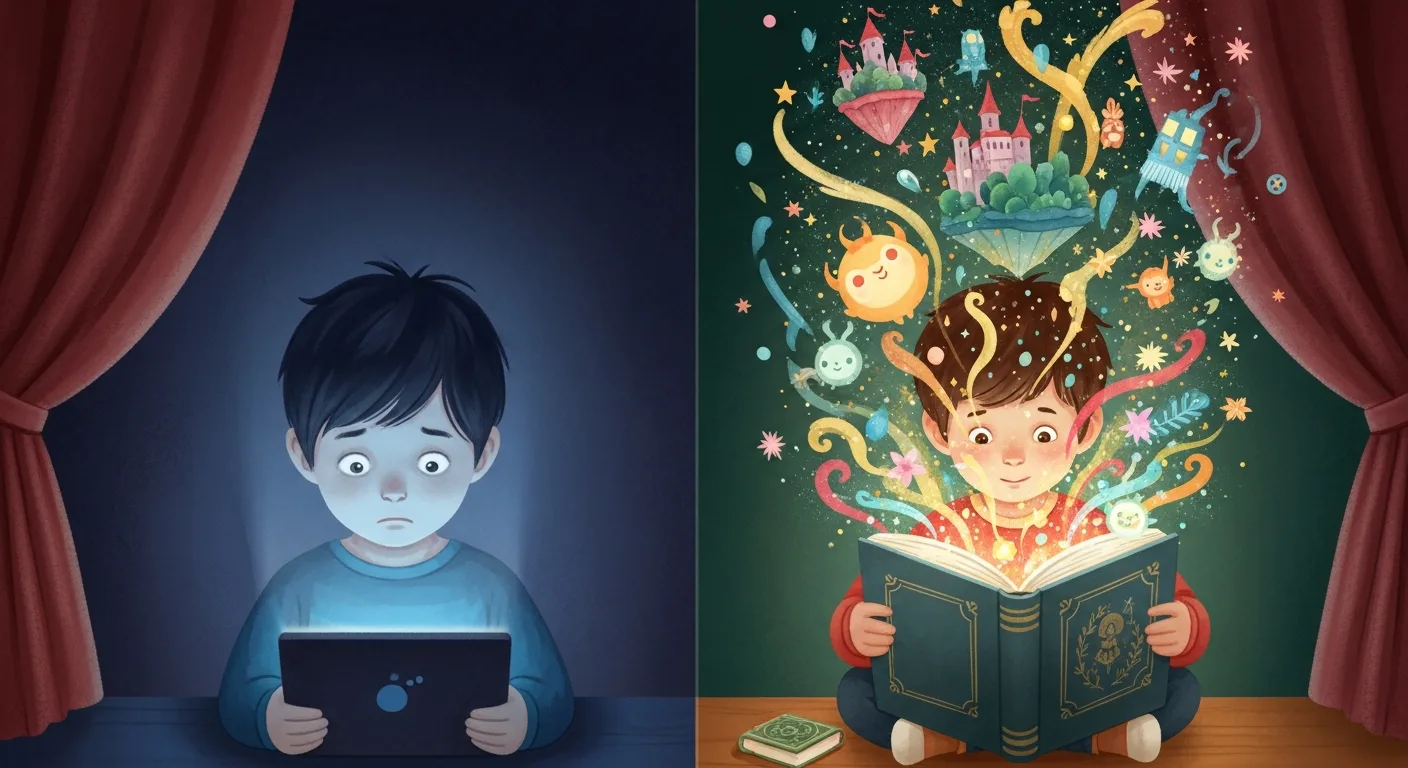 Contrast between screen time's dull glow and story time's vibrant imagination