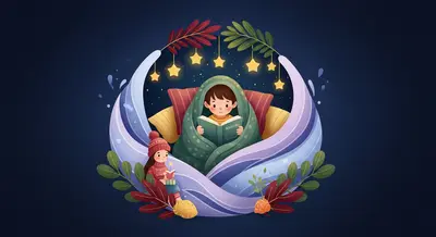 Anxious child finding comfort in a calming storybook surrounded by soothing blue and lavender waves