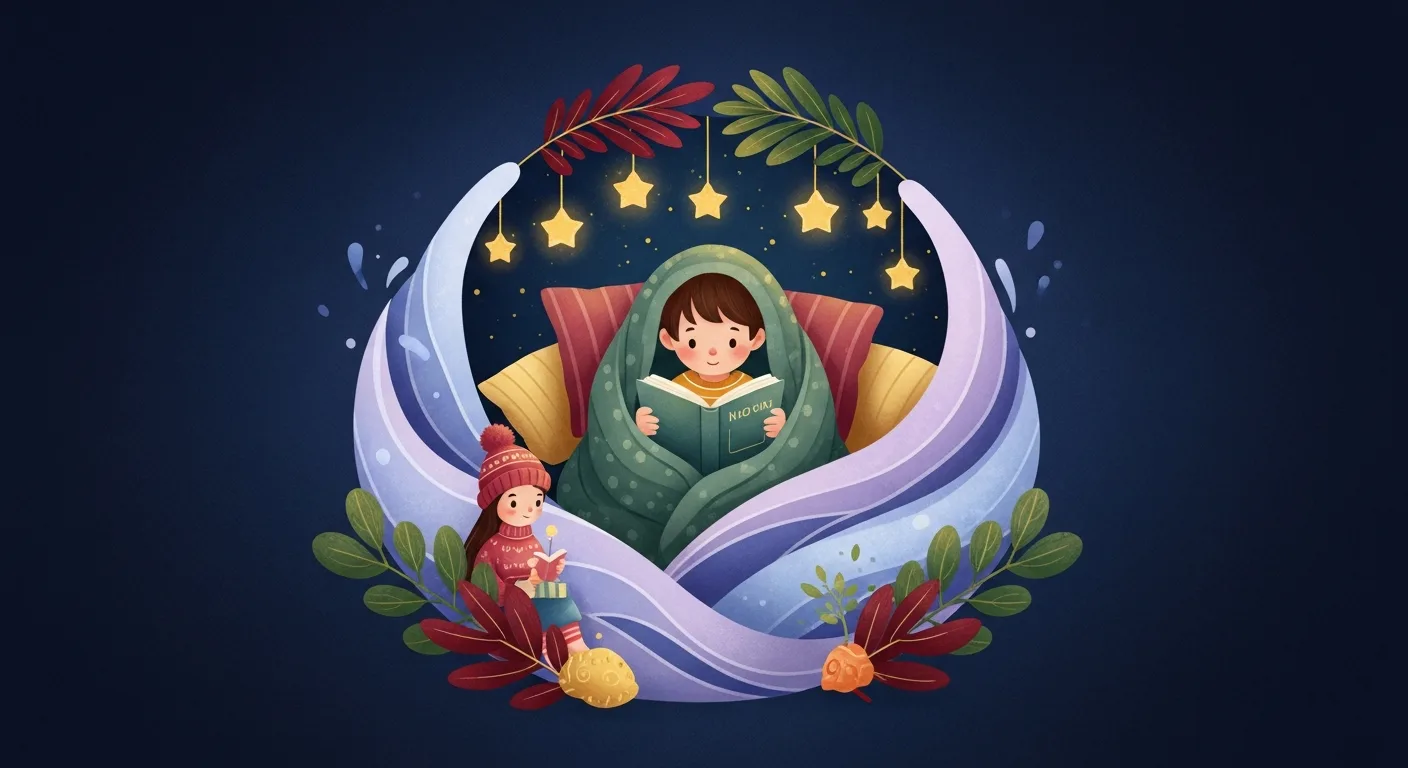 Anxious child finding comfort in a calming storybook surrounded by soothing blue and lavender waves