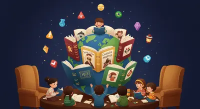 Globe made of diverse storybooks with children of various backgrounds gathered around