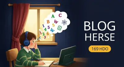 Child with headphones absorbing learning through audio stories with knowledge symbols flowing