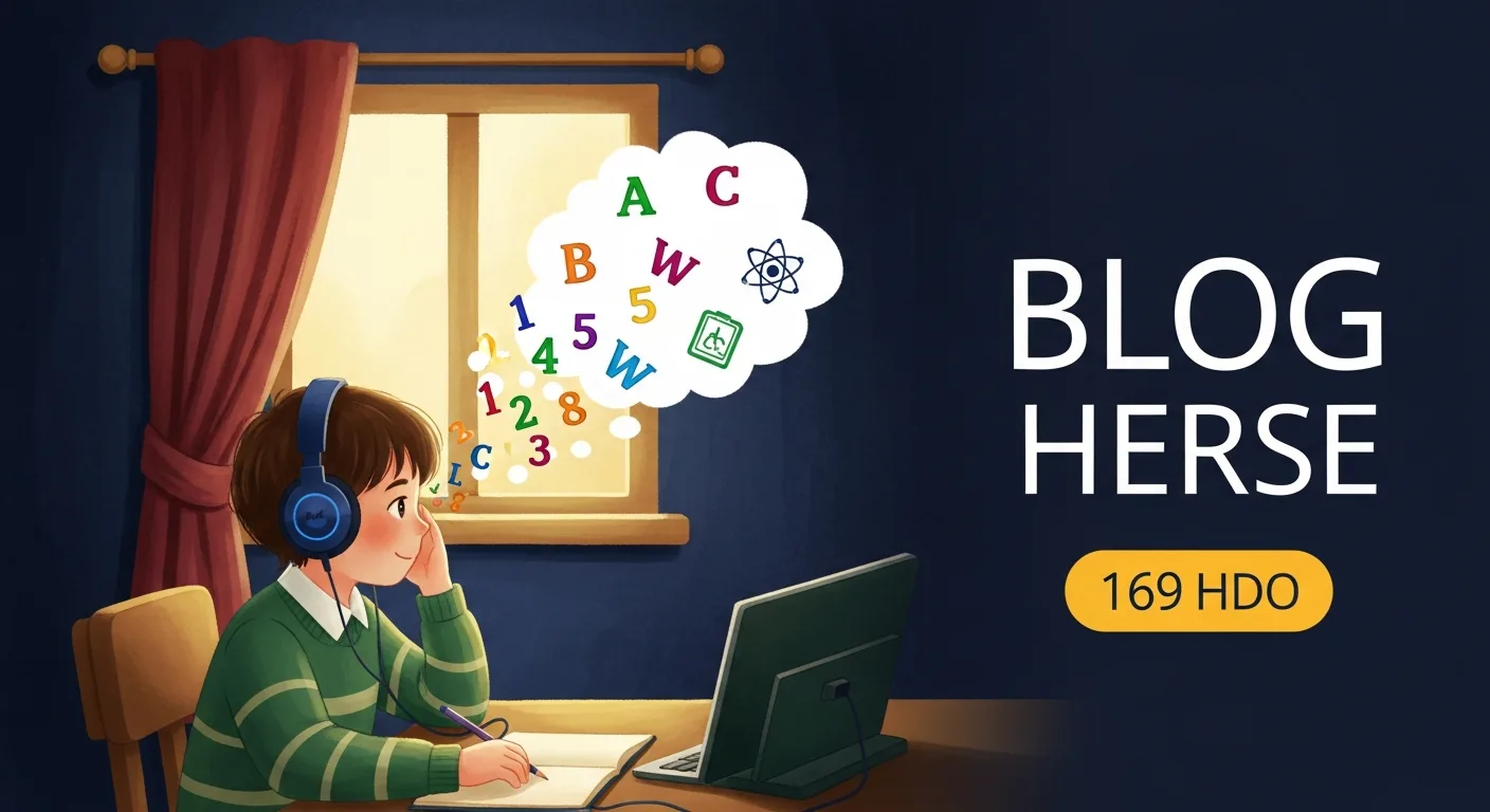 Child with headphones absorbing learning through audio stories with knowledge symbols flowing