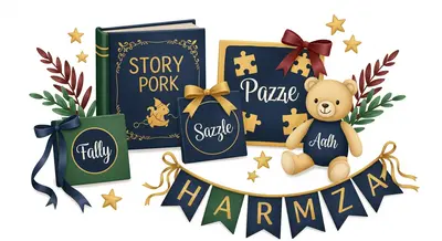 Collection of personalized children's gifts with names, including storybook, puzzle, and plush toy
