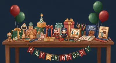 Birthday gifts arranged by age from baby rattles to chapter books with festive bunting