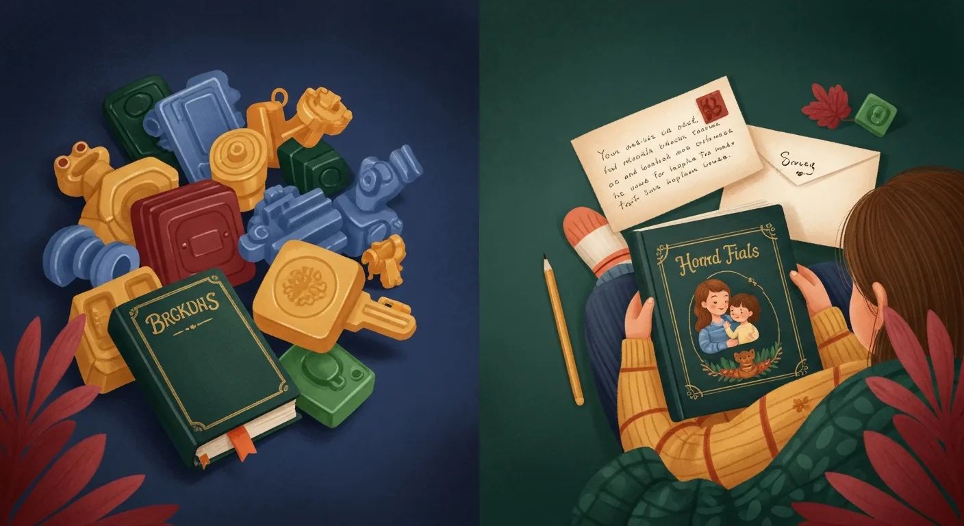 Contrast between toy clutter and a child cherishing a meaningful personalized gift