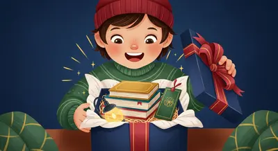 Child excitedly opening a gift of books, a reading light, and a bookmark