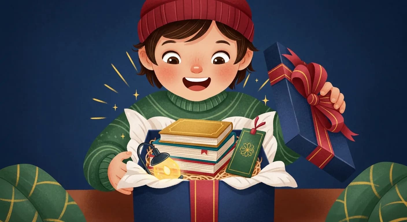 Child excitedly opening a gift of books, a reading light, and a bookmark