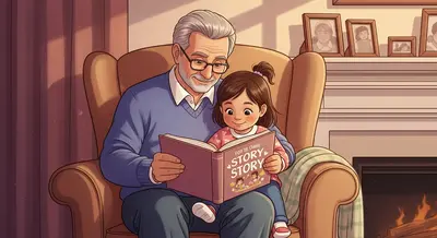 Grandparent and grandchild sharing a personalized storybook in a cozy armchair