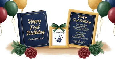 First birthday keepsake gifts including a personalized baby book and handprint frame