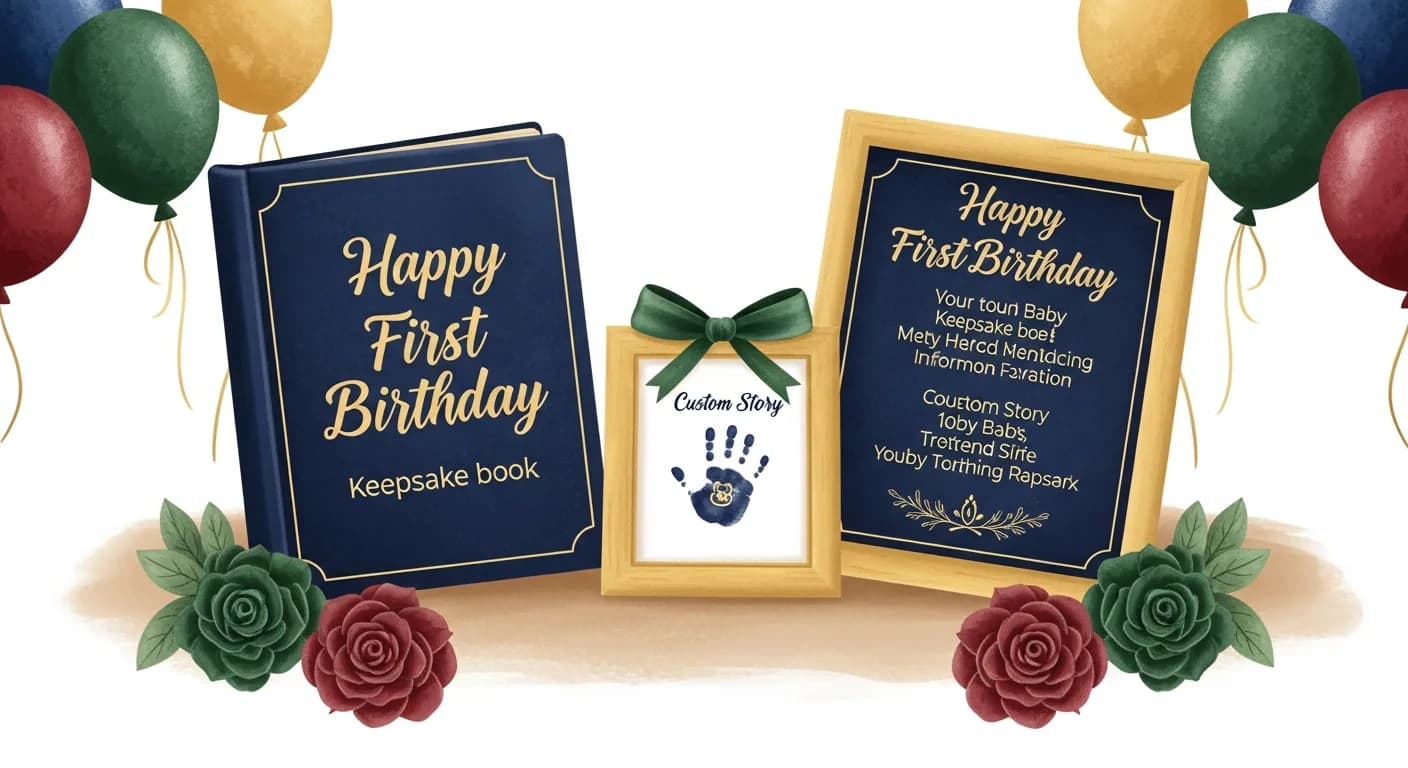 First birthday keepsake gifts including a personalized baby book and handprint frame