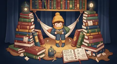 Book-loving child in a whimsical personal library fort with reading accessories