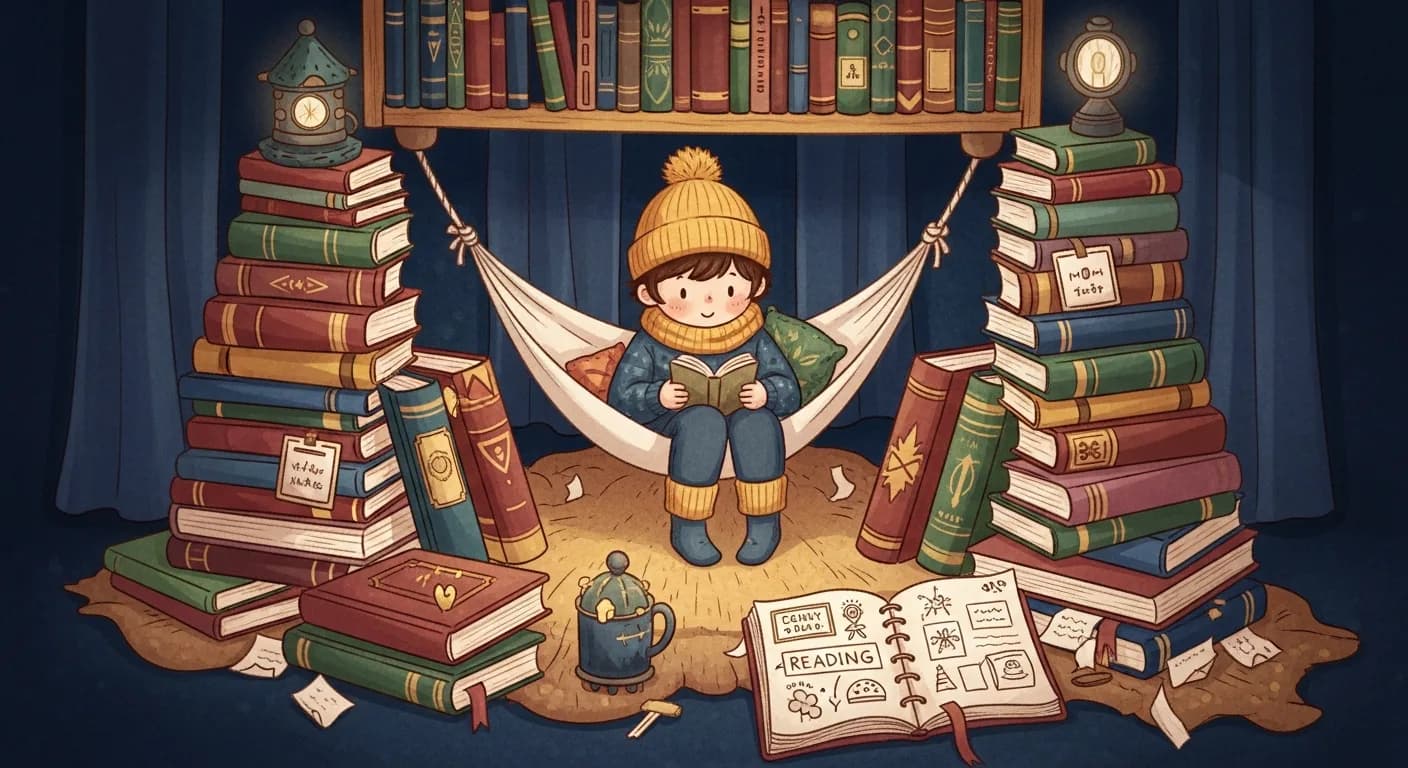 Book-loving child in a whimsical personal library fort with reading accessories