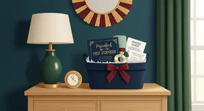 Thoughtful new baby gift basket with personalized first story and nursery essentials