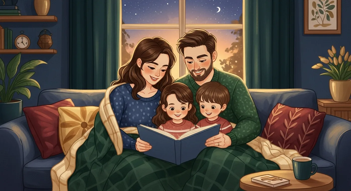 Family cuddled on a sofa reading a storybook together in warm evening light