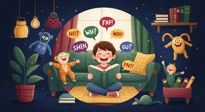Child laughing while reading with colorful speech bubbles and fun reading props