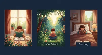 Daily reading routine showing a child reading at different times of day