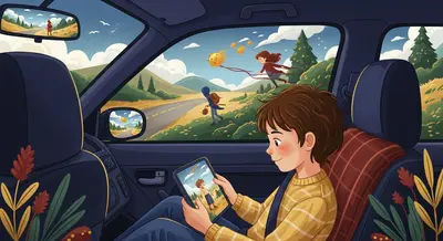Child on a road trip listening to a story with adventure scenes playing out the car window